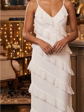 Lulus Love The Look White Tiered Ruffled Swiss Dot Midi Dress Size Large